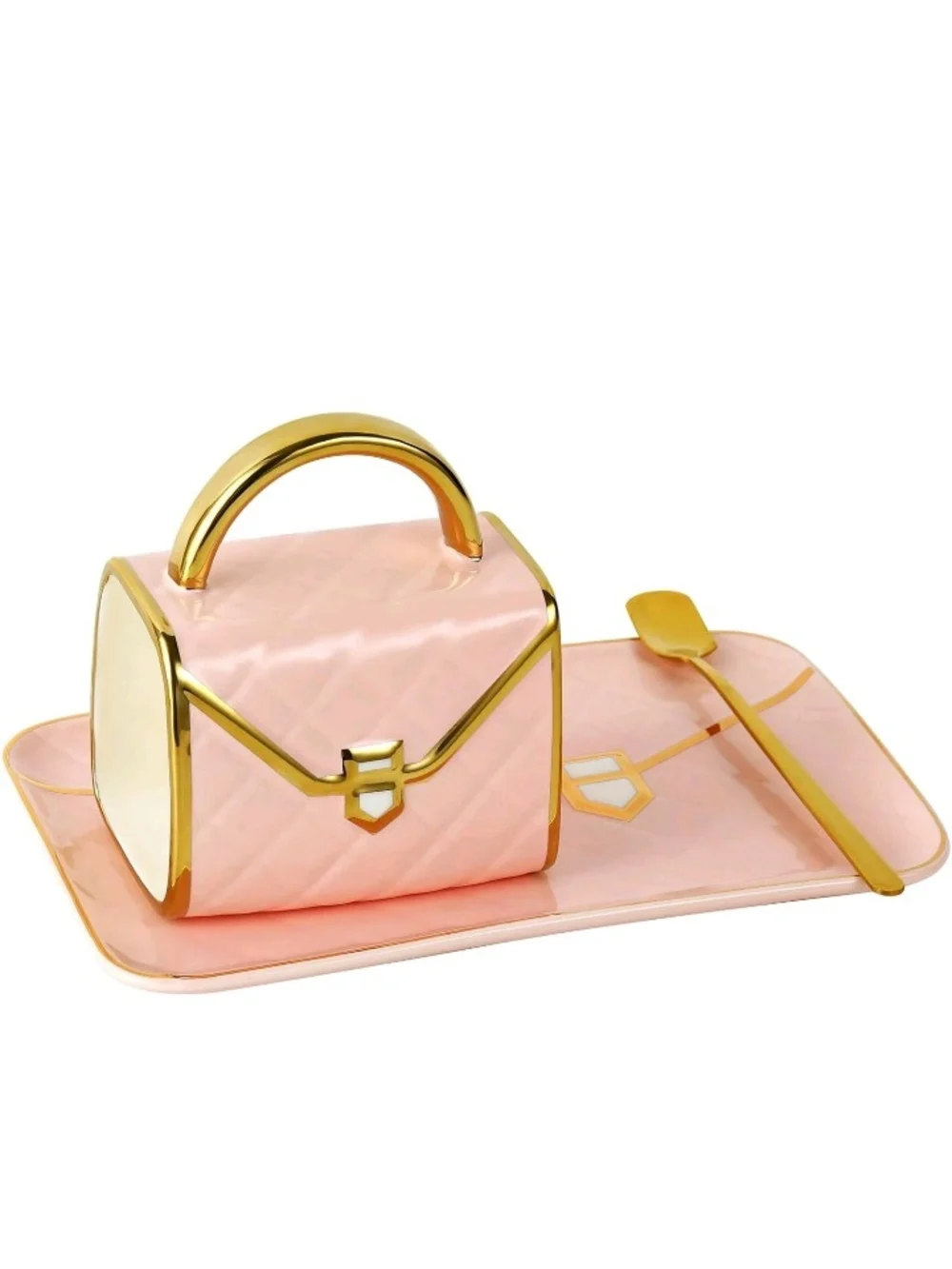 Pink Handbag Shaped Mug, Saucer, and Spoon. Cute Purse Coffee Ceramic Mug Set.